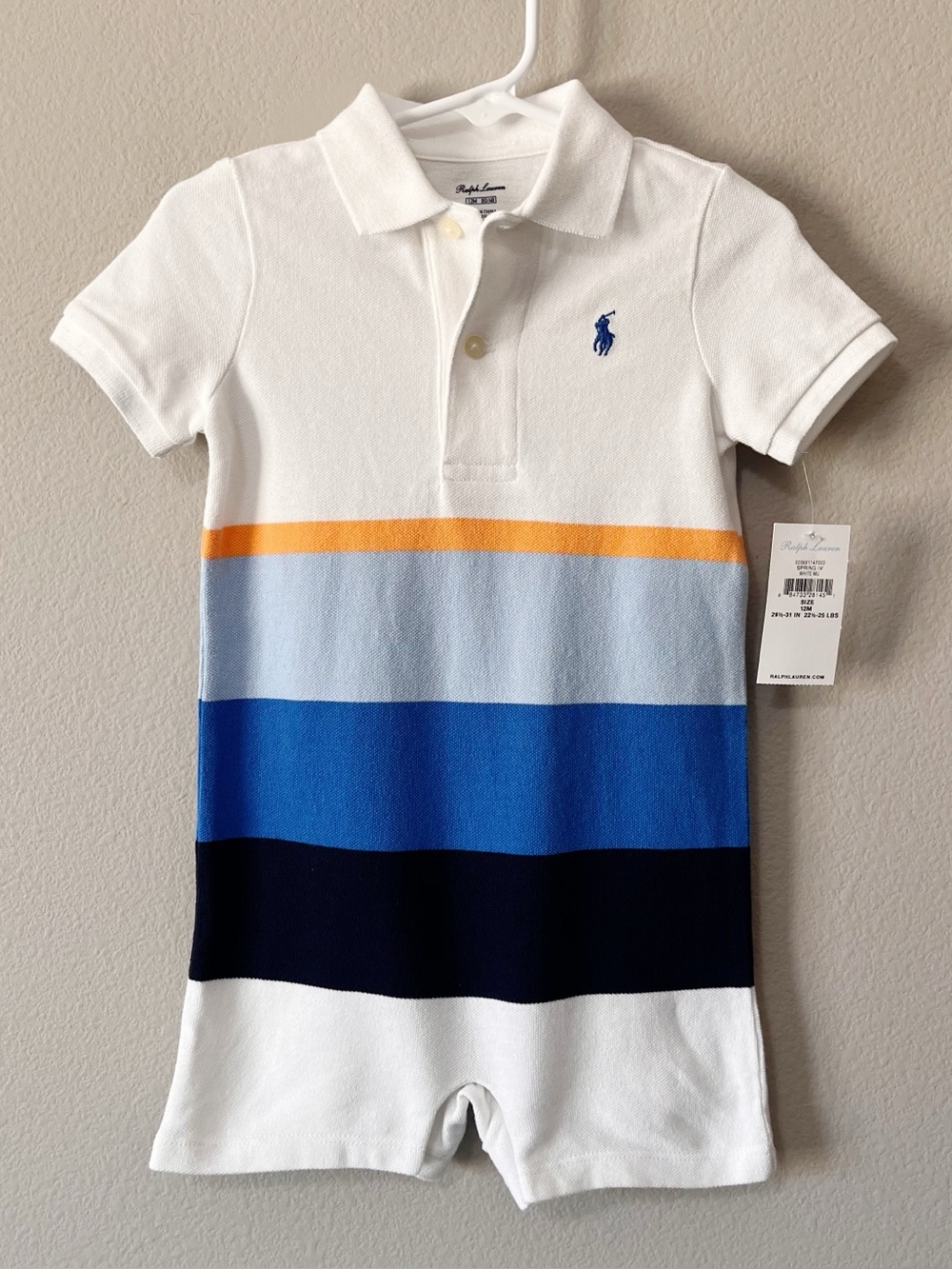 Ralph Lauren NWT Baby Boy Striped Rugby Cotton Shortall 12 Months Preppy